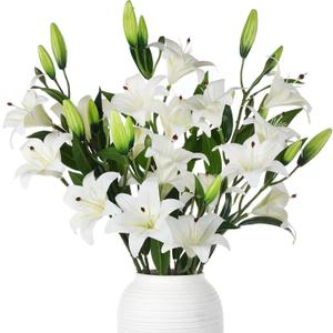 Dingion 6 Pcs 18 Heads Artificial Lily Flowers 31.5'' White Lily Flowers Long Stem Fake Bouquet Latex Realistic 3 Big Flower Heads and 3 Bud for Tall Vase Home Table Wedding Decoration