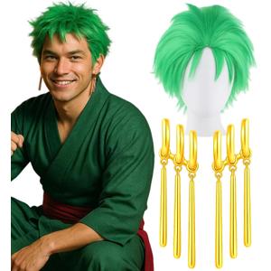 Swooflia Green Short Wig for Men & Cosplay Accessories - Convenient Set Includes Adjustable Wig Cap, Earings, Cosplay Wig for Halloween, Costume, Party and Daily Use (Wig2-24)