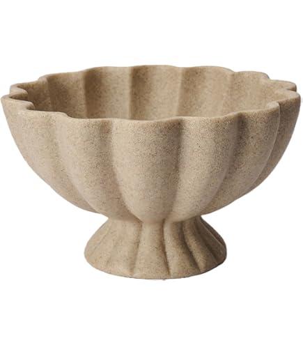KEWOOL Pedestal Decorative Bowl Home Decor - Morden Resin Handmade Decorative Fruit Bowl for Kitchen Counter, Chic Ruffle Bowl Centerpiece Decor for Dining Table Coffee Table (Artificial Stone Beige)