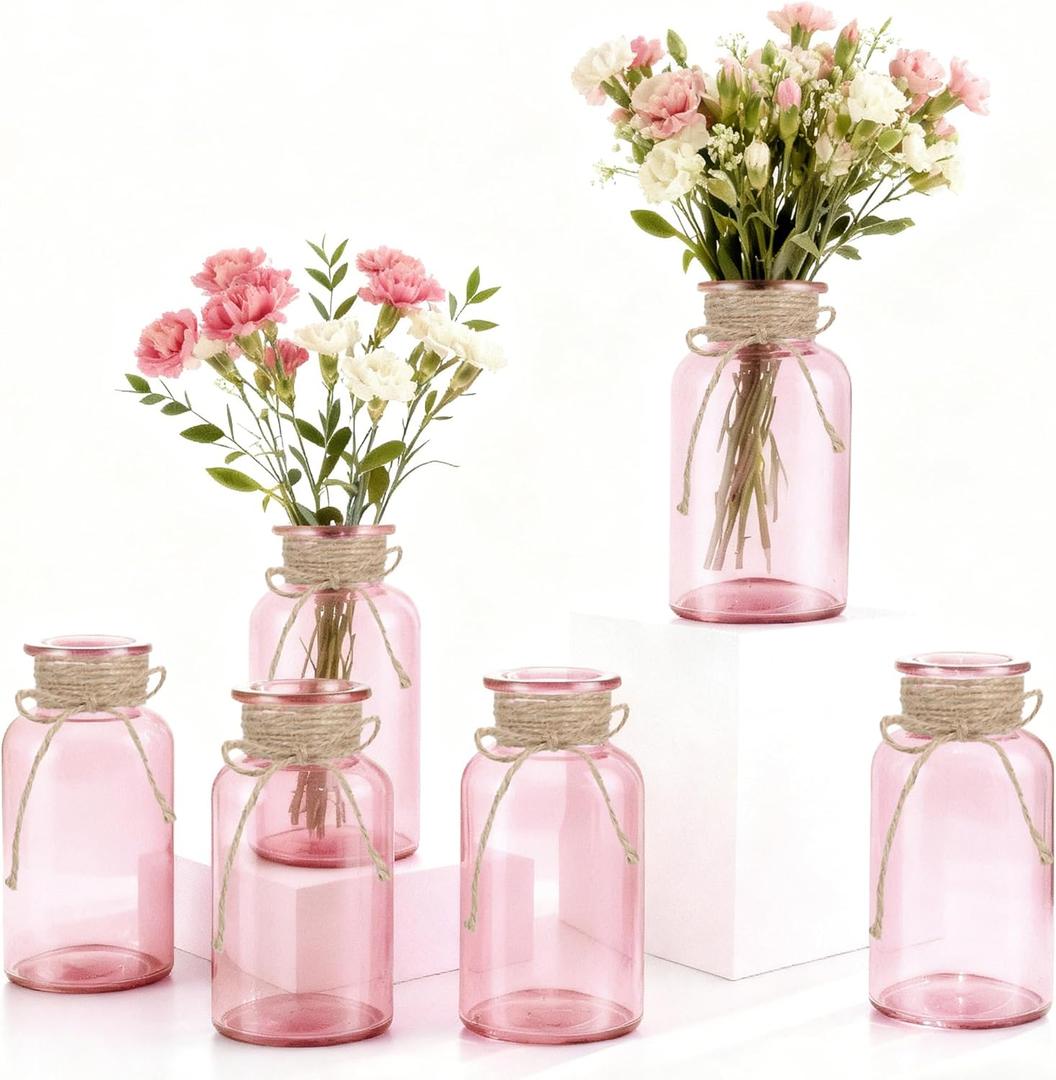 Vintage Glass Flower Vase, Farmhouse Glass Centerpiece Vases Mason Jars for Weddings, Parties & Home Decor Bulk (6, Pink)
