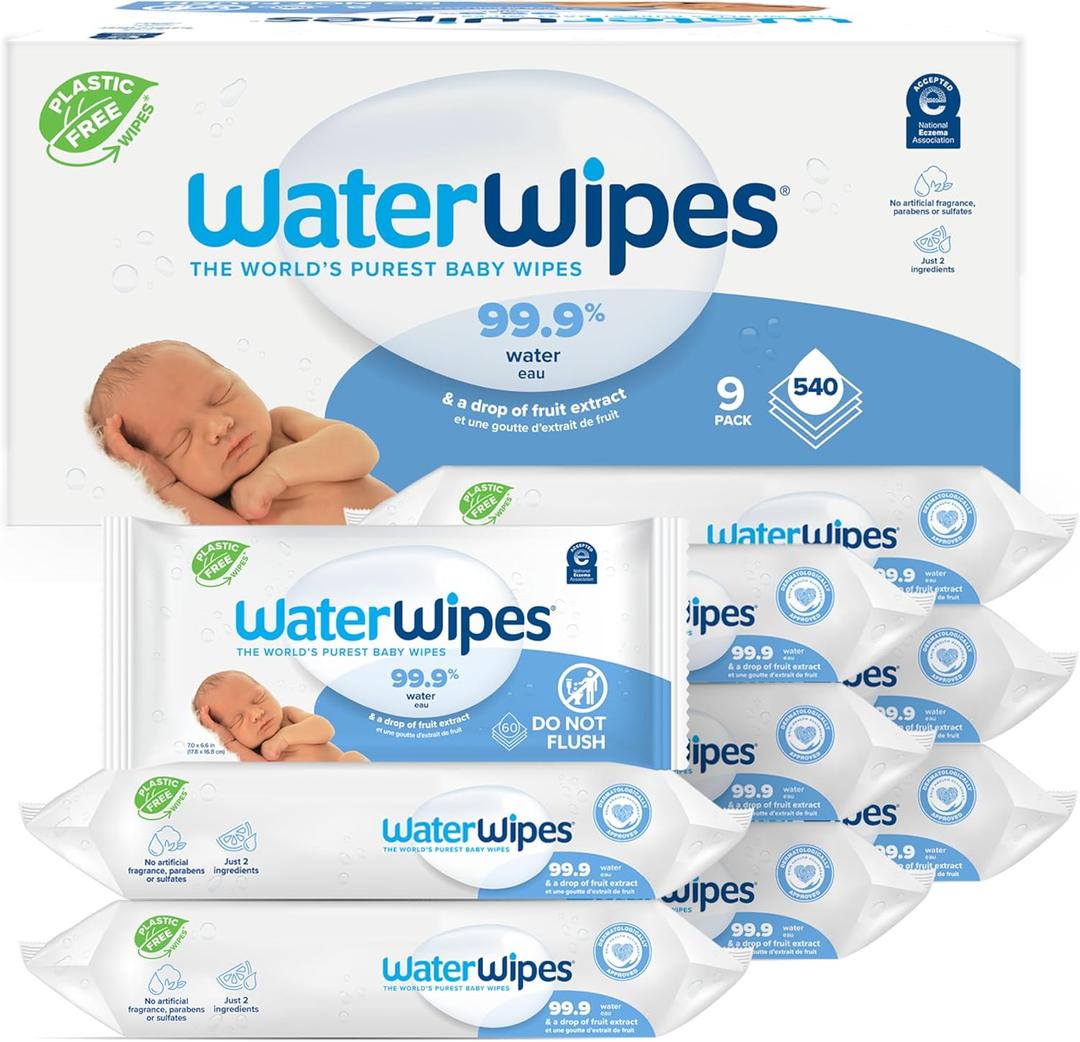 WaterWipes Plastic-Free Original-baby Wipes, 99.9% Water Based Wipes, Unscented & Hypoallergenic for Sensitive Skin, 60 Count (Pack of 9) Total 540 wipes, Packaging May Vary