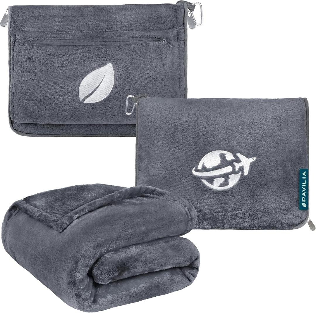 PAVILIA Travel Blanket and Pillow, Arms Opening Airplane Blankets for Adults, Compact Plane Blanket with Arm Hole 2-in-1 Bag for Flight Car Camping Fit in Luggage Backpack Traveler Gift, Dark Gray (65 x 40 inches)