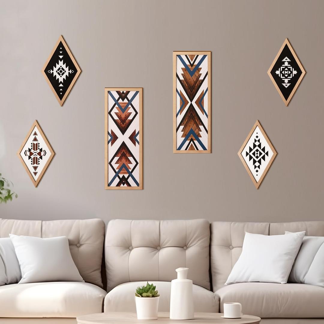 She Love Large Western Aztec Wall Decor 6Pcs, Thicker Wooden Double Layer Boho Geometric Tribal Wall Art Southwestern Rustic Country Farmhouse Home Decor for Living Room Bedroom Kitchen Bathroom