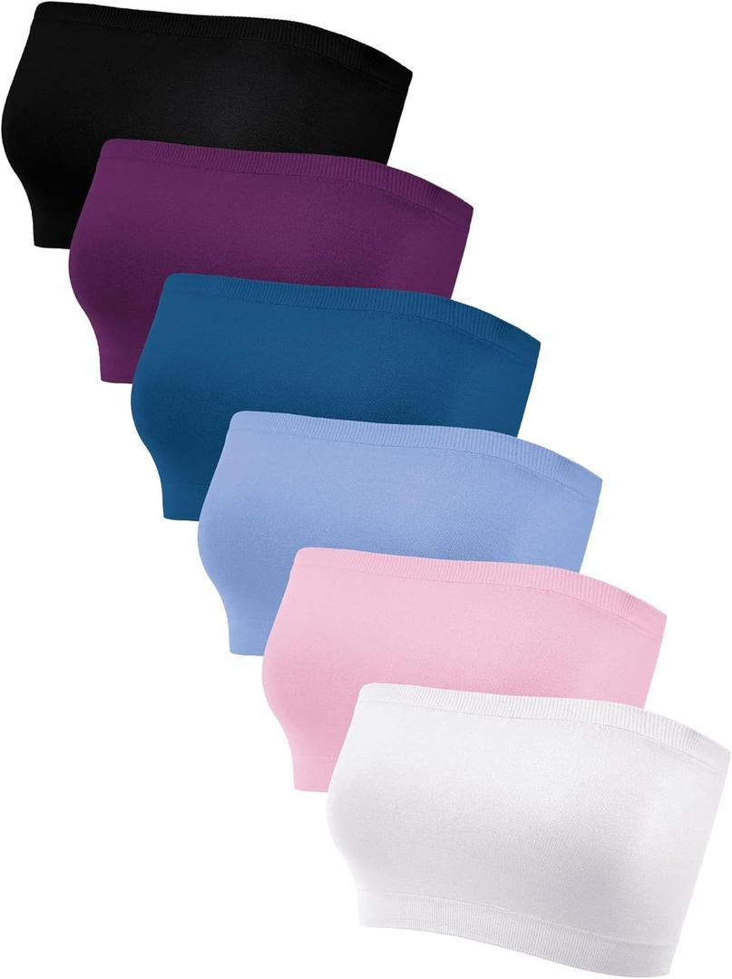 Geyoga 6 Pieces Strapless Bandeau Bras, Seamless Bralettes Stretchy Non Padded Tube Tops for Women (Medium, White, Pink, Light Blue, Purplish Red, Black, Peacock Blue)