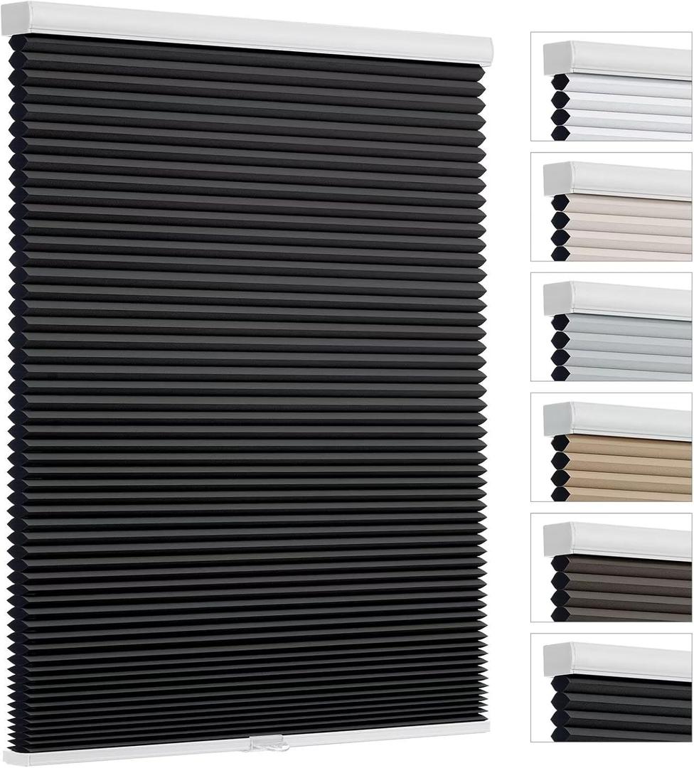 Changshade Cordless Cellular Shades, Blackout Room Darkening Black Out Honeycomb Blinds for Indoor Windows Bedroom, Pull Down Pleated Accordion Blind Easy Install, Shade Size 34" Wx64 H, Black