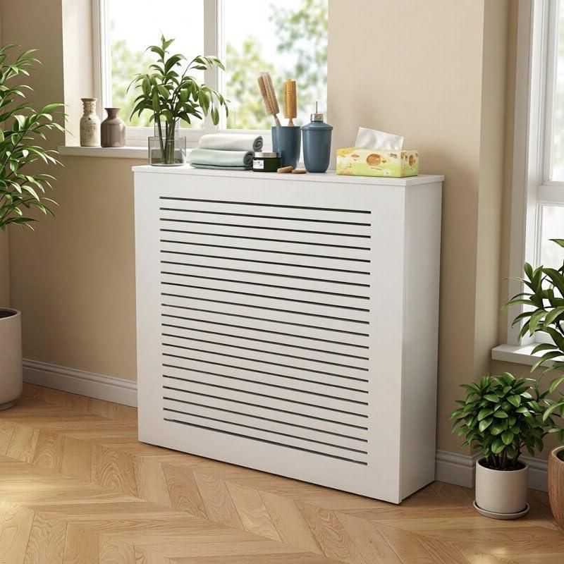 Waterproof Radiator Cover Cabinet, White Louvered Heating Heater Covers for Radiators Shelf with Top for Home Living Office Hide Cluttered Pipes Decor(27.6 Lx27.6 Hx7.9 D)
