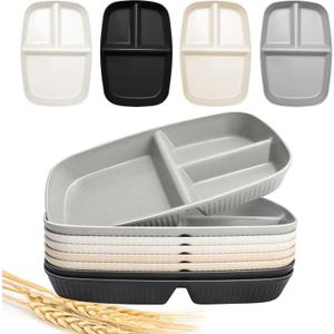 shopwithgreen Divided Plate for Adults, 8 Pcs (10.5 Inch) Unbreakable Wheat Straw Plates with 3 Compartments, Reusable Bariatric Portion Control Plate for Kids Toddlers, Dishwasher & Microwave Safe