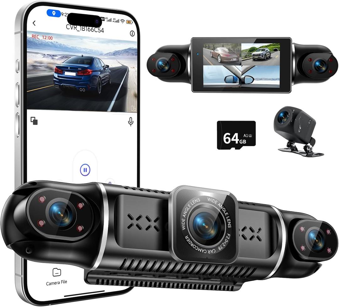 360°View 4 Channel Dash Cam, 4K+1080P Front and Rear Inside Left Right, Dash Camera for Cars, Built-in G-Sensor, IR Night Vision, 24H Parking Mode, 64GB SD Card, Loop Recording, APP Control