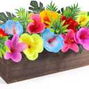 Hawaiian Table Centerpieces Artificial Hibiscus Flowers Arrangements Wooden Crate, Wooden Planter with Tropical Palm Leaves for Summer Beach Tiered Tray Shelf Table Home Aloha Luau Party Decor