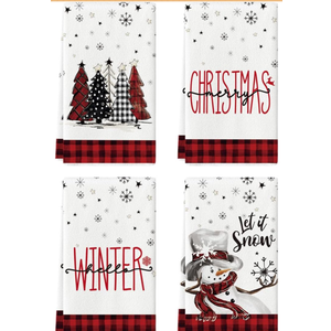 Artoid Mode Red Black Buffalo Plaid Snowman Xmas Trees Christmas Kitchen Towels Dish Towels, 18x26 Inch Daily Seasonal Winter Decoration Hand Towels Set of 4