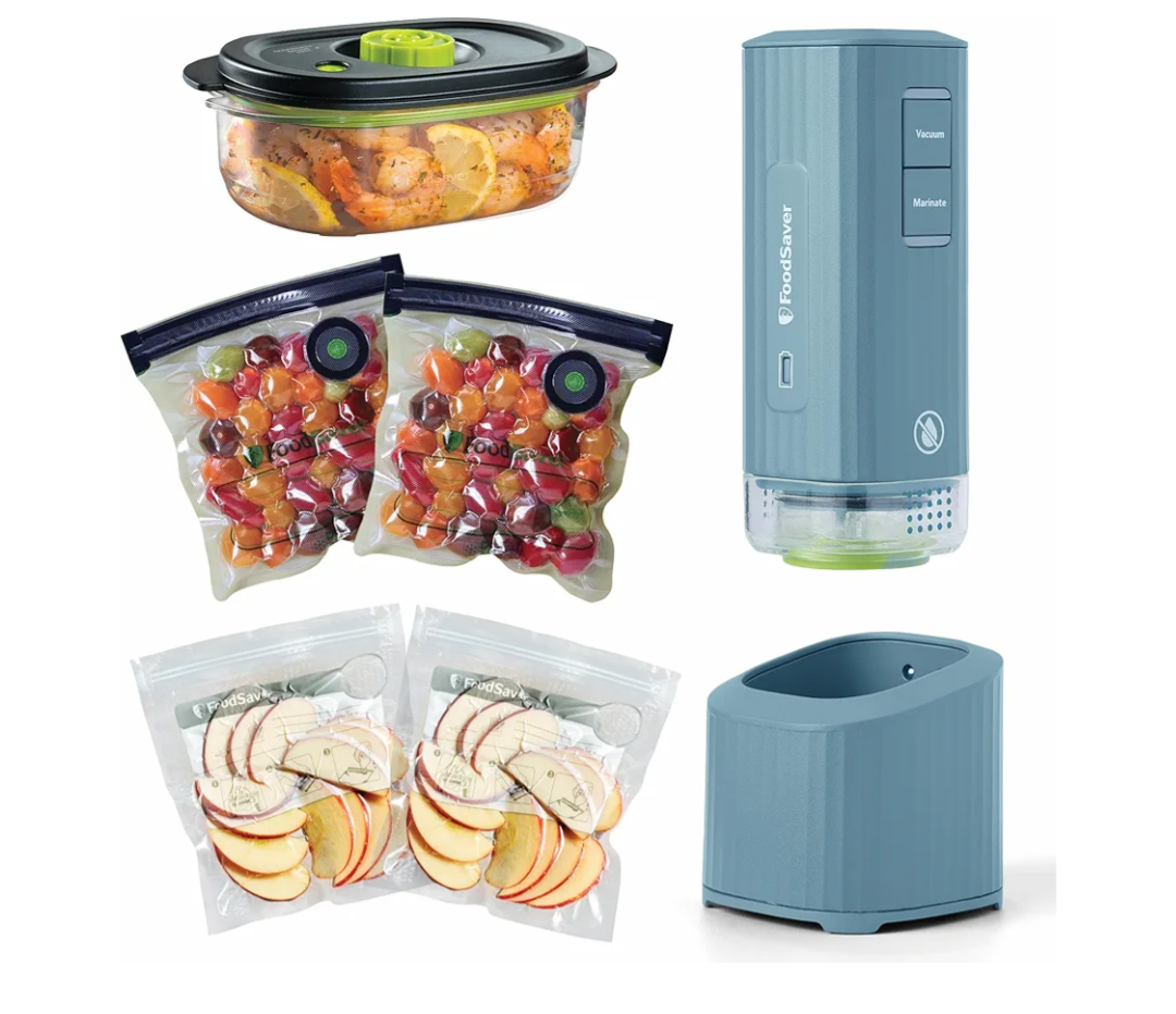 FoodSaver Mini Handheld Vacuum Sealer Machine with Marinate Setting & Charging Dock | Cordless Food Vacuum Sealer for Freezer, Storage, Sous Vide, Meal Prep | Blue
