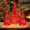 PHITRIC Christmas Decorations Indoor, 3 PCS Sparkling Glass Red Christmas Tree Table Centerpieces Decor with LED Lights and Timer, Xmas Tree Decorations for Home, Mantel, Shelf, Office, Tabletop