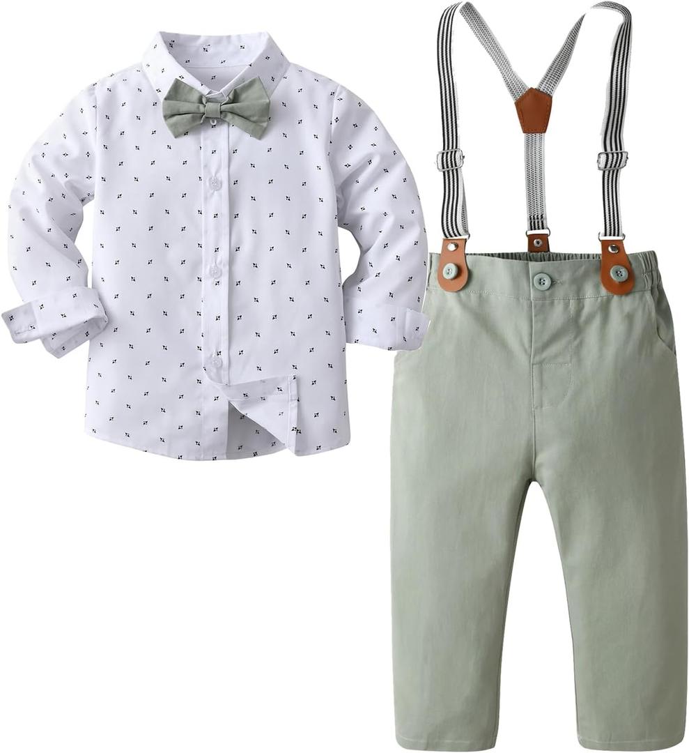 Boarnseorl Baby Boys Pants Sets, Infant Long Sleeve Shirt + Pants + Bow Tie + Suspenders Outfits (6-7Y)