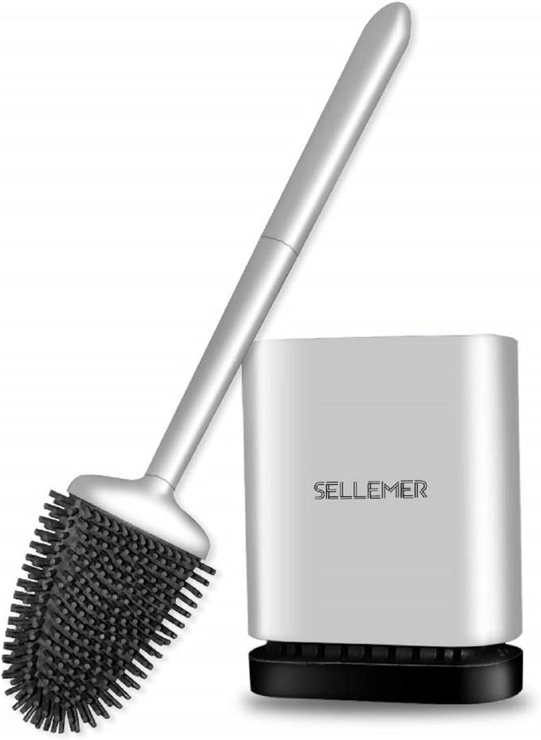 Toilet Brush and Holder Set - Flexible Toilet Bowl Brush Head with Silicone Bristles, Compact Size for Storage and Organization, Ventilation Slots Base (1 Pack, Silver)