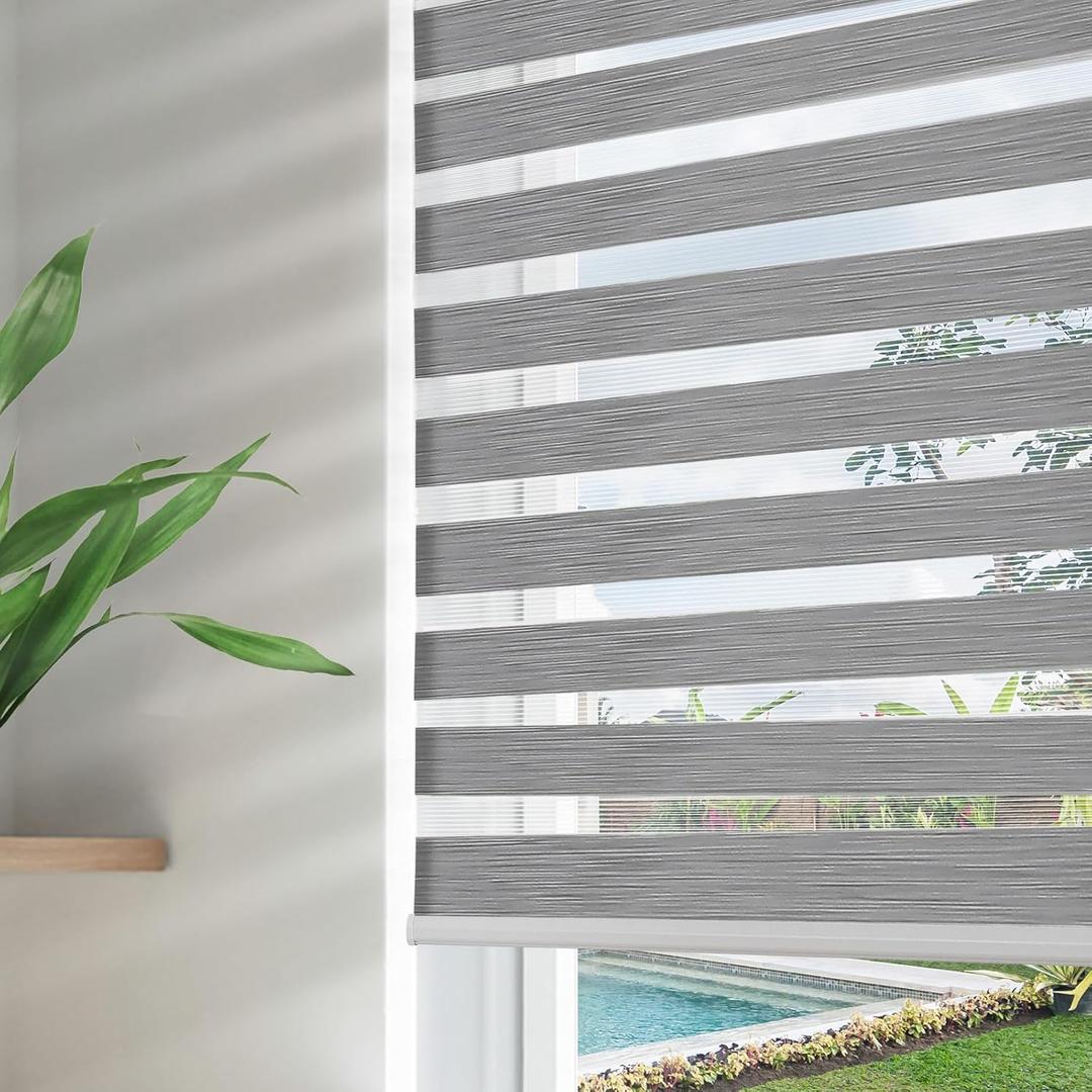 Joydeco Cordless Zebra Blinds for Windows, Dual Layer Free-Stop Zebra Shades Privacy Light Control for Day and Night, Light Filtering Sheer Blinds for Indoor Windows (Grey, 28" W x 75" H)