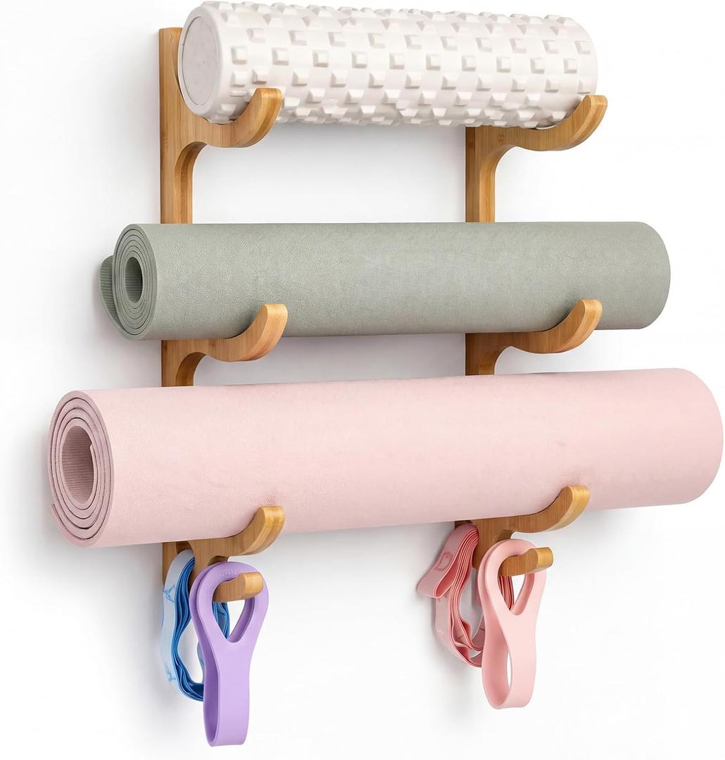 Geelin 3 Tier Yoga Mat Holder Wooden Wall Mount, Yoga Mat Gym Equipment Storage with 4 Hook for Hanging Foam Rollers and Resistance Bands, Storage Holder for Home Gym or Fitness Class