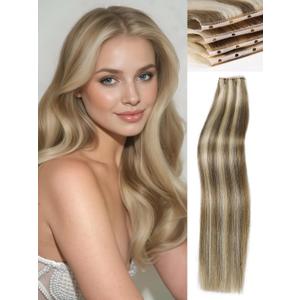 WIGNEE Double Invisible PU OVO Human Hair Extensions 100% Remy Hair Weft Black Hair Extensions Human Hair 2 PCS 16 Inch No Glue Genius Micro Bead Real Human Hair Extensions (9A/60) (Blonde Ombre)