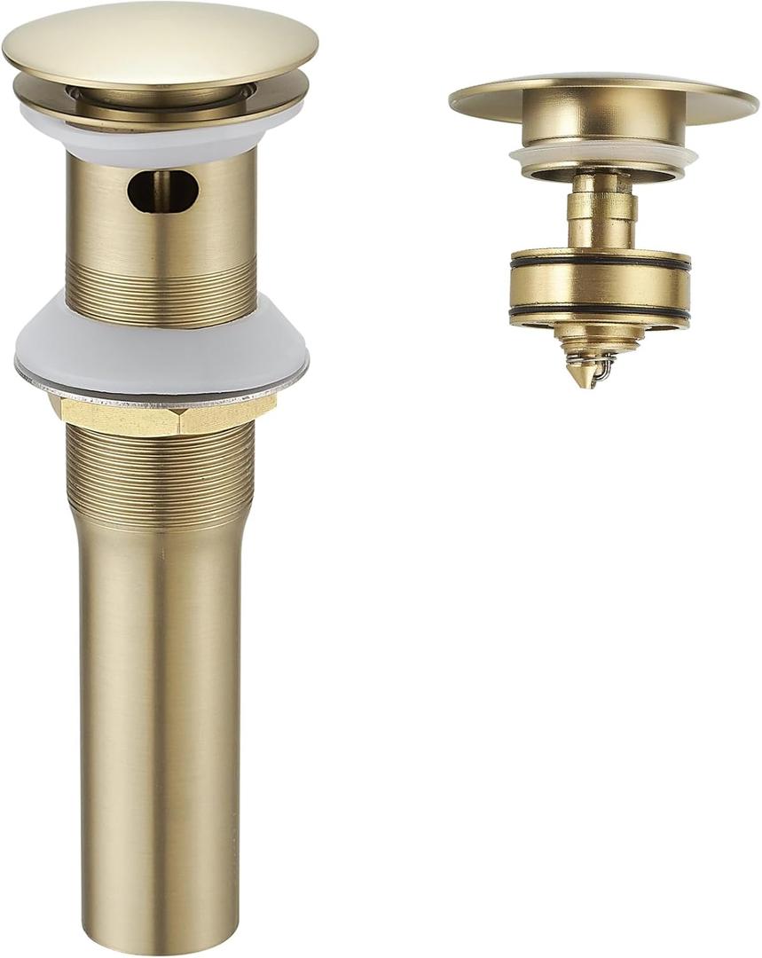 BWE Brushed Gold Bathroom Vessel Sink Drain Stopper with Overflow One Piece Pop Up Drain Assembly with Strainer for Bathroom Faucet Sink
