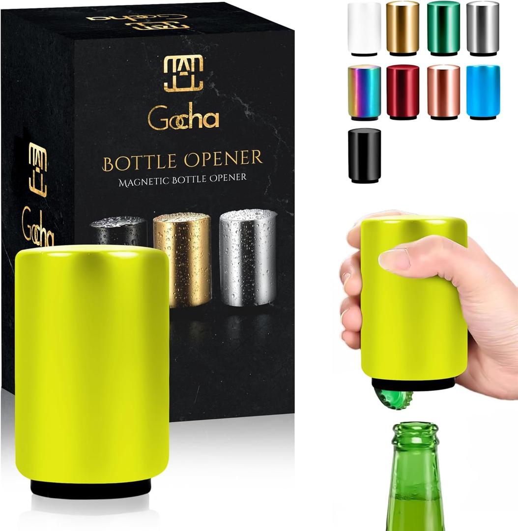 GOCHA | Magnetic Bottle Opener with Automatic Cap Catcher | Premium Stainless Steel Beer & Soda Bottle Opener | Push & Pull Design | Portable Bar Accessory (Yellow)