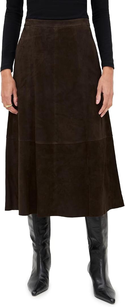 Vince Women's Mid Rise Flared Suede Skirt, Deep Espresso, 2