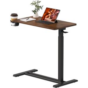 Medical Overbed Adjustable Bedside Table with Hidden Casters, Pneumatic Mobile Rolling Laptop Standing Desk with Tray for Home and Hospital Use, Mahogany (Small)