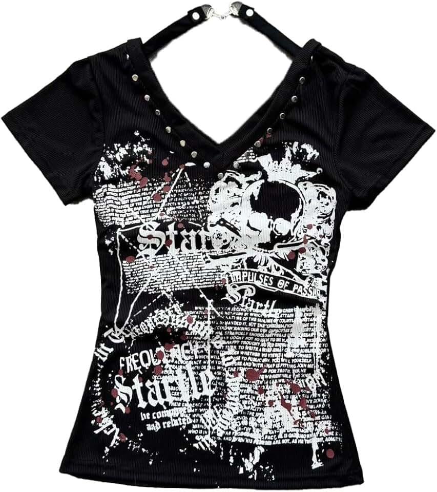 Womens Y2K Skull Gothic Graphic T-Shirt Vintage Slim Fit Grunge Print Tops Crew Neck Streeetwear Crop Top