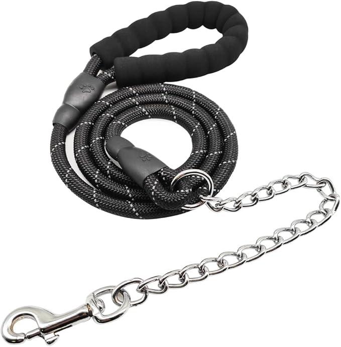Chewproof Dog Leash, Strong Nylon Rope with Anti-Chewing Chain and Padded Handle for Medium Large Dogs Outdoor Training Walking Hiking Black