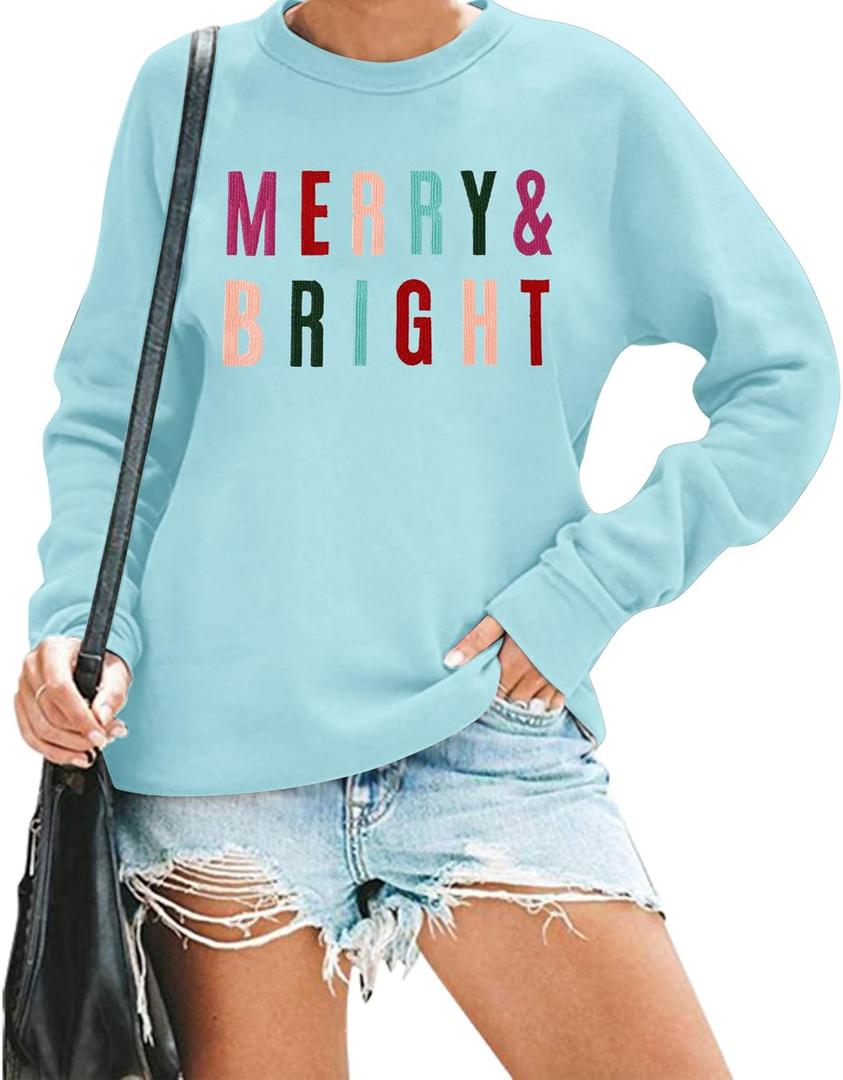 Merry and Bright Sweatshirt - Colorful Letters Christmas Sweater, Womens Holiday Sweatshirts 2XL