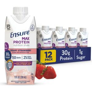 Ensure Max Protein Shake | Creamy Strawberry | Ready to Drink | 30g Protein for Muscle Health | 1g Sugar, 4g Fiber | 11 fl oz Bottle, 12 Pack (EXP 05/01/27)