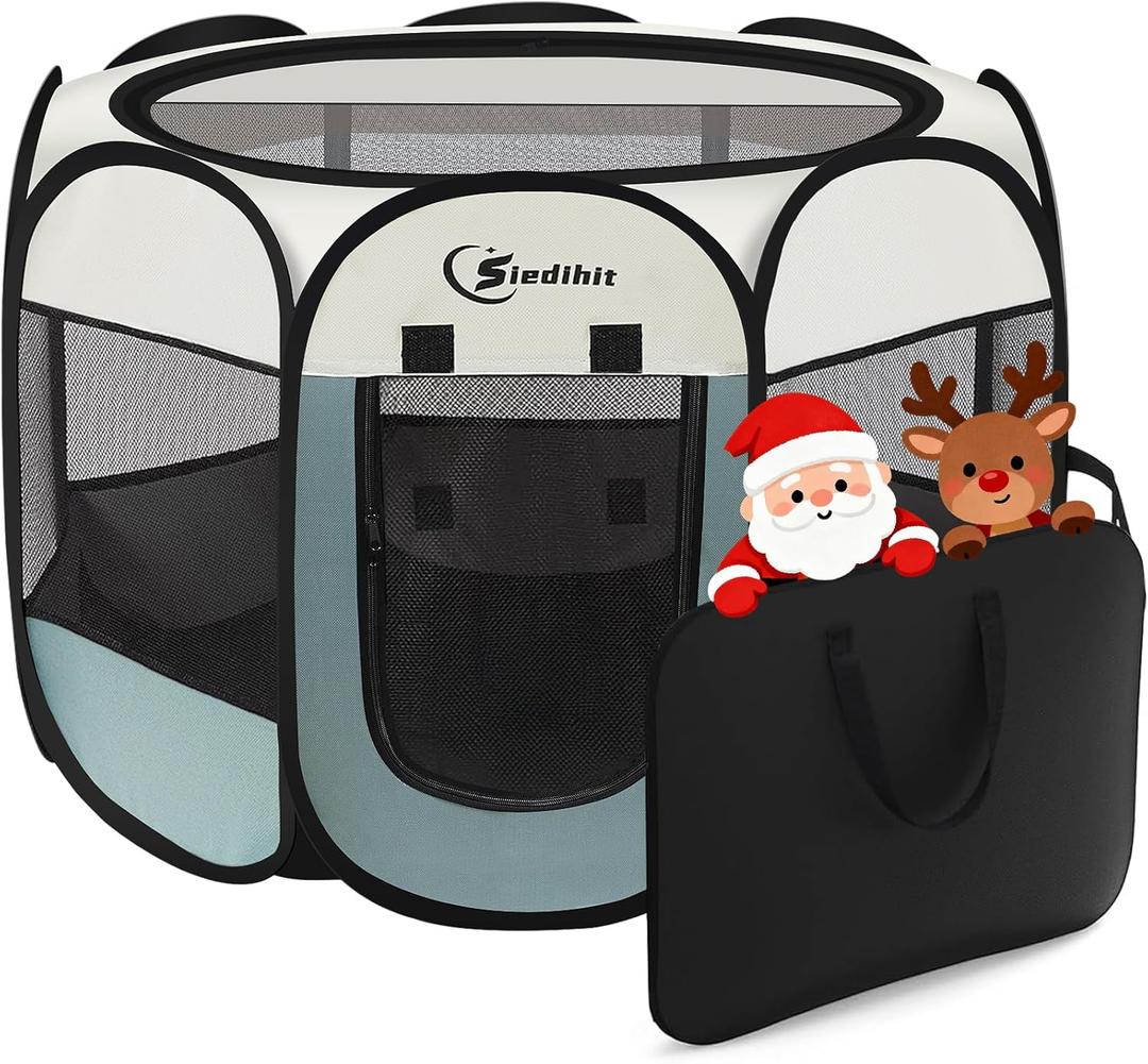 Dog Cat Playpen, Puppy Pet Playpen Indoor for Small Dog Crate Tent Cage Outdoor, Portable Pop Up Dogs Enclosure Kennel with Carrying Case for Dogs/Cats/Rabbits(Grey, Small