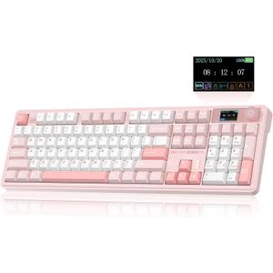 LINGBAO K108 Pro Wireless Mechanical Keyboard with Screen & Knob, Full Size Creamy Keyboard with Number Pad, 10000mAh Battery, PBT Keycaps, RGB Backlit, Hot-swappable Pink Gaming Keyboard for PC/Mac