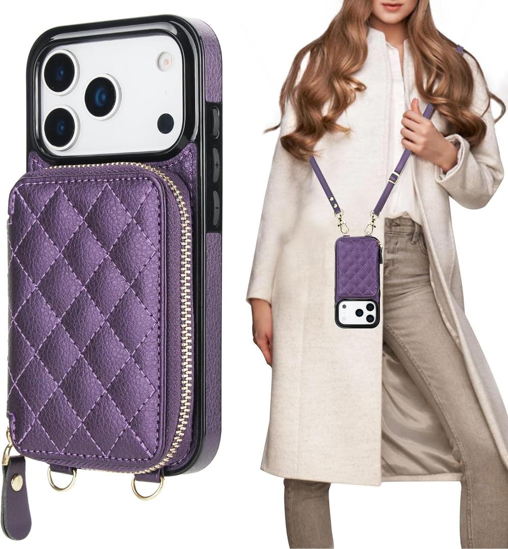 Bocasal Crossbody Wallet Case for iPhone 17 Pro, RFID Blocking PU Leather Zipper Handbag Purse Flip Cover, Kickstand Folio Case with Card Slots Holder Wrist Strap Lanyard 5G 6.3 Inch (Dark Purple)