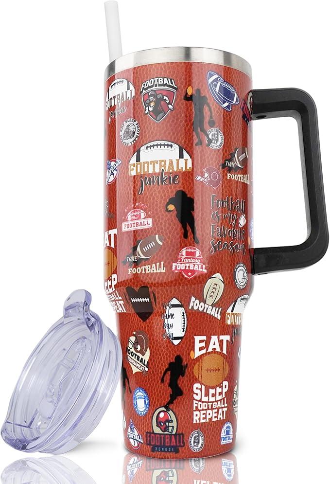 40 oz Football Tumbler with Handle and Straw, Stainless Steel Insulated Cup 40 oz, Reusable Football Coffee Mug with Leak Proof Lid