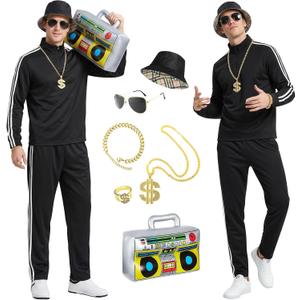 80s 90s Outfit for Men Tracksuit Costume,Hip Hop Outfit,8Pcs Retro Disco Themed Party Costume Track Suit Sportswear, Large