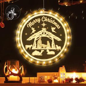 Honoson Merry Christmas Window Light Decoration 3D Jesus Light with Suction Cup Nativity Hanging Religious Decorative LED Battery Operated for Xmas Party Indoor Outdoor Bedroom(8.3 in,Christmas)