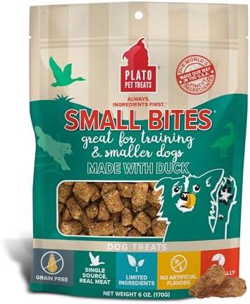 Plato Pet Treats Air Dried Small Bites Dog Treats, Natural Bite Sized Real Meat & Duck, Grain Free & High Protein, Made in the USA, 6oz, Pack of 2, Best buy Date 09/17/2025