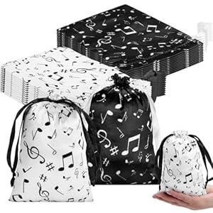 Wesnoy 24 Pcs Music Notes Gift Bags Musical Note Drawstring Treat Bag Music Decorations Party Favor for Musician Gifts Social Media Musical Party Supplies(5 x 7, Black, White)