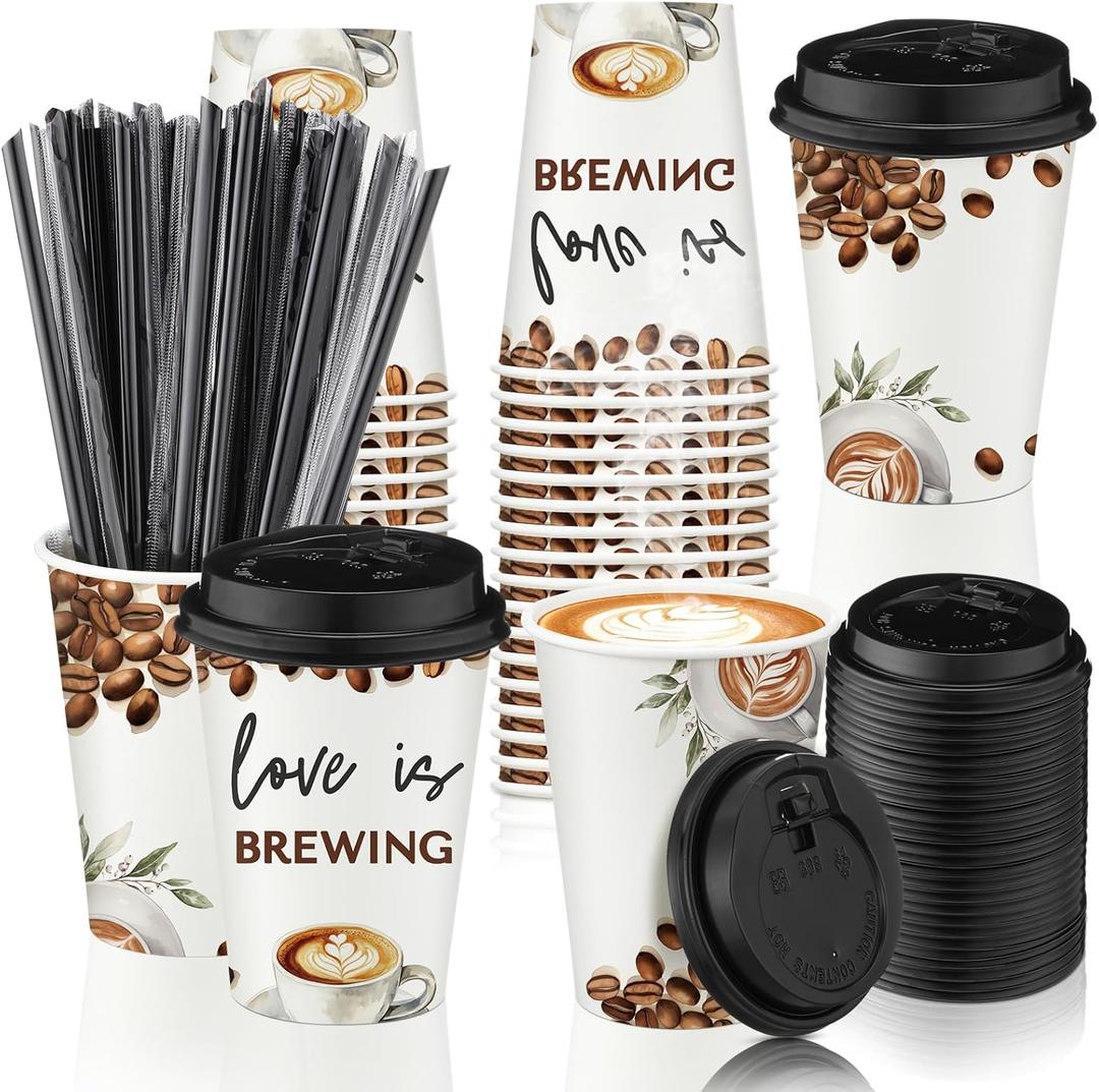 Jingmore 50 Pcs Wedding Coffee Cup Love Is Brewing Bridal Shower Decoration Disposable Wedding Paper Drinking Tumbler Bulk with Lid Straw Custom Reception Cup Engagement Mothers Day Party (Elegant)