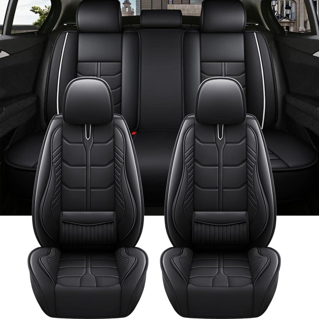 Amooca Car Seat Covers Full Set Automotive Seat Protection Fit for Most Cars SUVs Front & Back Seats Waterproof Nappa Leather Car Seat Cushion Protector Black