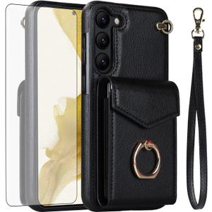 Asuwish Phone Case for Samsung Galaxy S23 Plus 5G Wallet Cover with Tempered Glass Screen Protector and Ring Credit Card Holder Leather Cell Accessories S23+5G S23plus 23S + S 23 23+ Women Men Black
