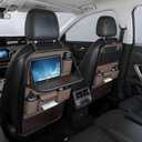 2 Pack Universal Foldable Car Backseat Organizer with Table Tray, Car Seat Back Protector with Touch Screen Phone Holder, Premium Leather Kick Mats with Storage Pockets Tissue Holder (Brown)