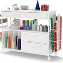 Wrapping Paper Storage & Organizer, Craft Cart with Ribbon & Gift Bag Storage, Wrapping Paper Organizer Holder(3 Wooden Drawers-White)