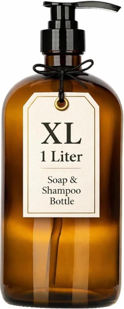 32 Ounce Glass Pump Dispenser Bottle, Large Amber Container with Pump for Shower and Bath Shampoo Soap Conditioner Lotion - 1 Liter Shower Bottles- by Kitchentoolz