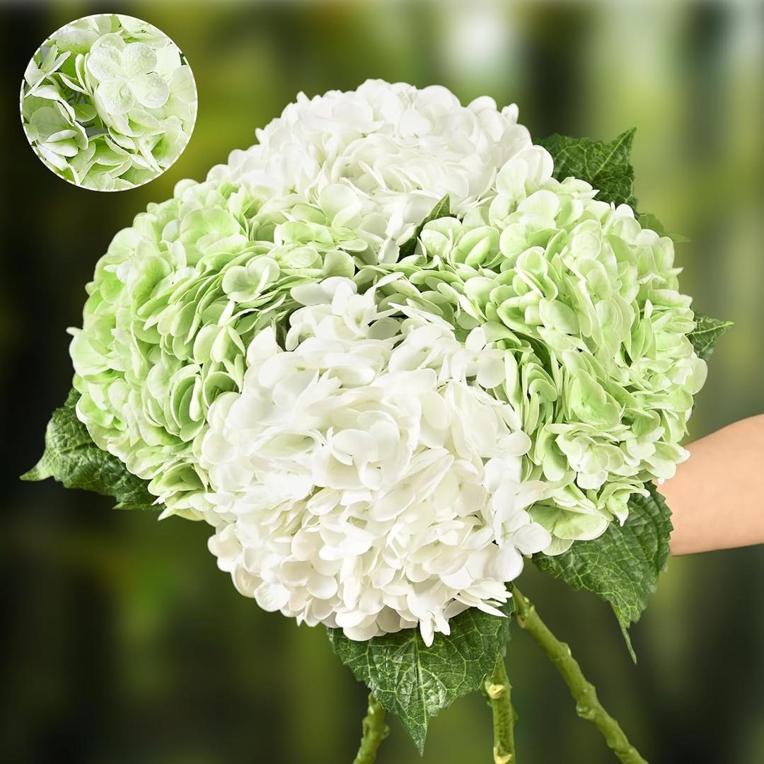 4 Pcs Hydrangea Artificial Flowers, 2 Green & 2 White Real Touch Flowers, 21" Faux Hydrangea Flowers, Fake Hydrangea Flowers for Outdoor Wedding Office Home Decor Table Centerpieces