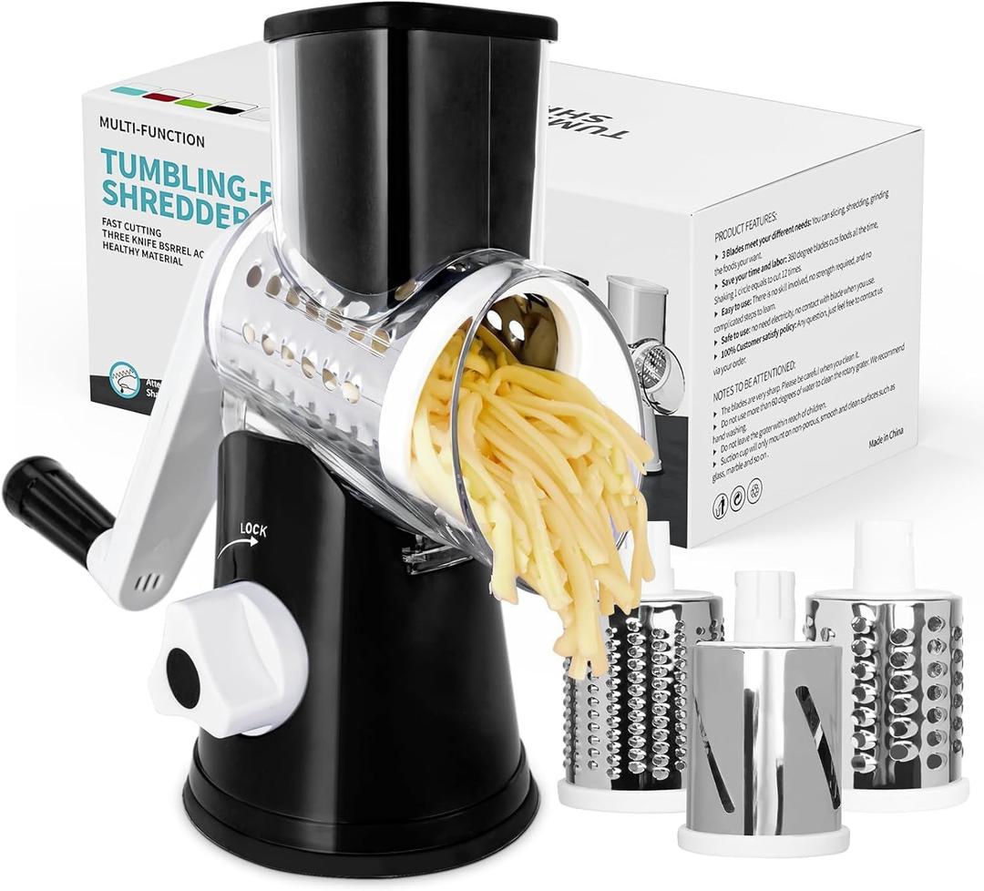 X Home Rotary Cheese Grater for Kitchen, Shredder with 3 Interchangeable Blades, Rotary Grater with Handle and Strong Suction Base, for Vegetables, Fruit, Nuts, Easy to Use and Clean, Black