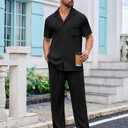 Mens Two Piece Summer Outfit Ribbed Short Sleeve Shirt and Drawstring Pants Men Beach Outfits Sets Loungewear For Travel Sleepwear Pajamas Set with Pockets Walking Suits For Men Black M
