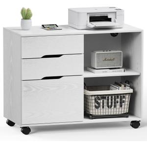 DUMOS Lateral File Cabinet with 3 Drawers Rolling Filing Cabinets Under Desk Storage Printer Stand Wood Organizer with Wheels Adjustable Shelf for Office Home Small Space, White