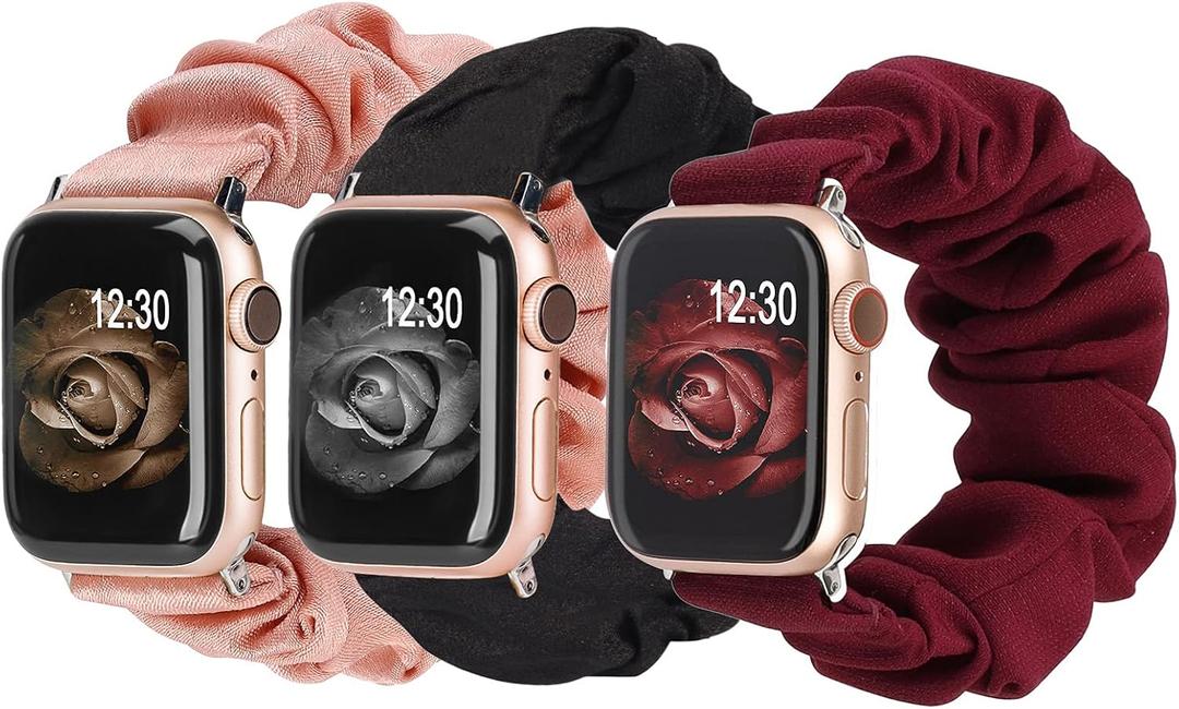 TOYOUTHS 3 PCS Compatible with Apple Watch Band Scrunchies 41mm 40mm 38mm Cloth Soft Pattern Printed Fabric Wristband Bracelet Women IWatch Elastic Bands Series SE 10 9 8 7 6 5 4 3 2 1, M/L (Black/Wine/Pink)