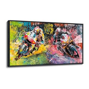 JEAWA Framed Canvas Wall Art - Large Abstract Painting Decor, Motorcycle Racing Color Graffiti Pictures, Modern Art Prints for Bedroom Living Room Bathroom Home Decoration, 20x40