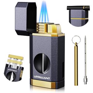 Triple Flame Torch Lighter with Built-in V Cutter, Holder and Draw Enhancer Tool, Butane Refillable Torch Lighter, Multifunctional Accessories Gift, Windproof Lighters for Candles and Outdoors (Purple Gold)